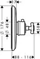 Axor Thermostat mit Kreuzgriff, Unterputz-Design. Sichtbare Regler- und Verschraubungselemente. Technische Zeichnung mit Maßangaben zur Installation und Platzierung.